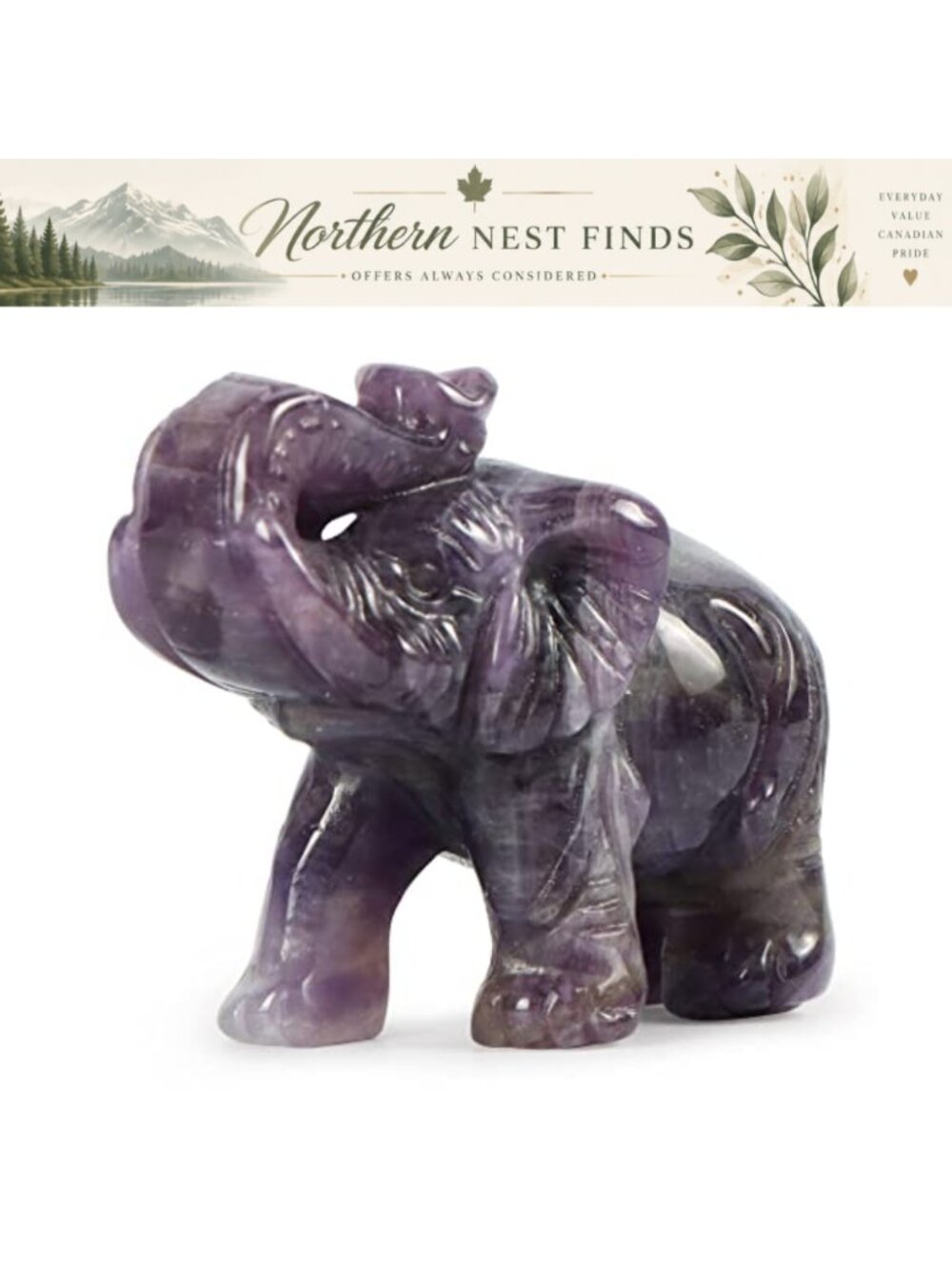 Hand Carved Amethyst Crystal Elephant Figurine Statue Home Office Decor